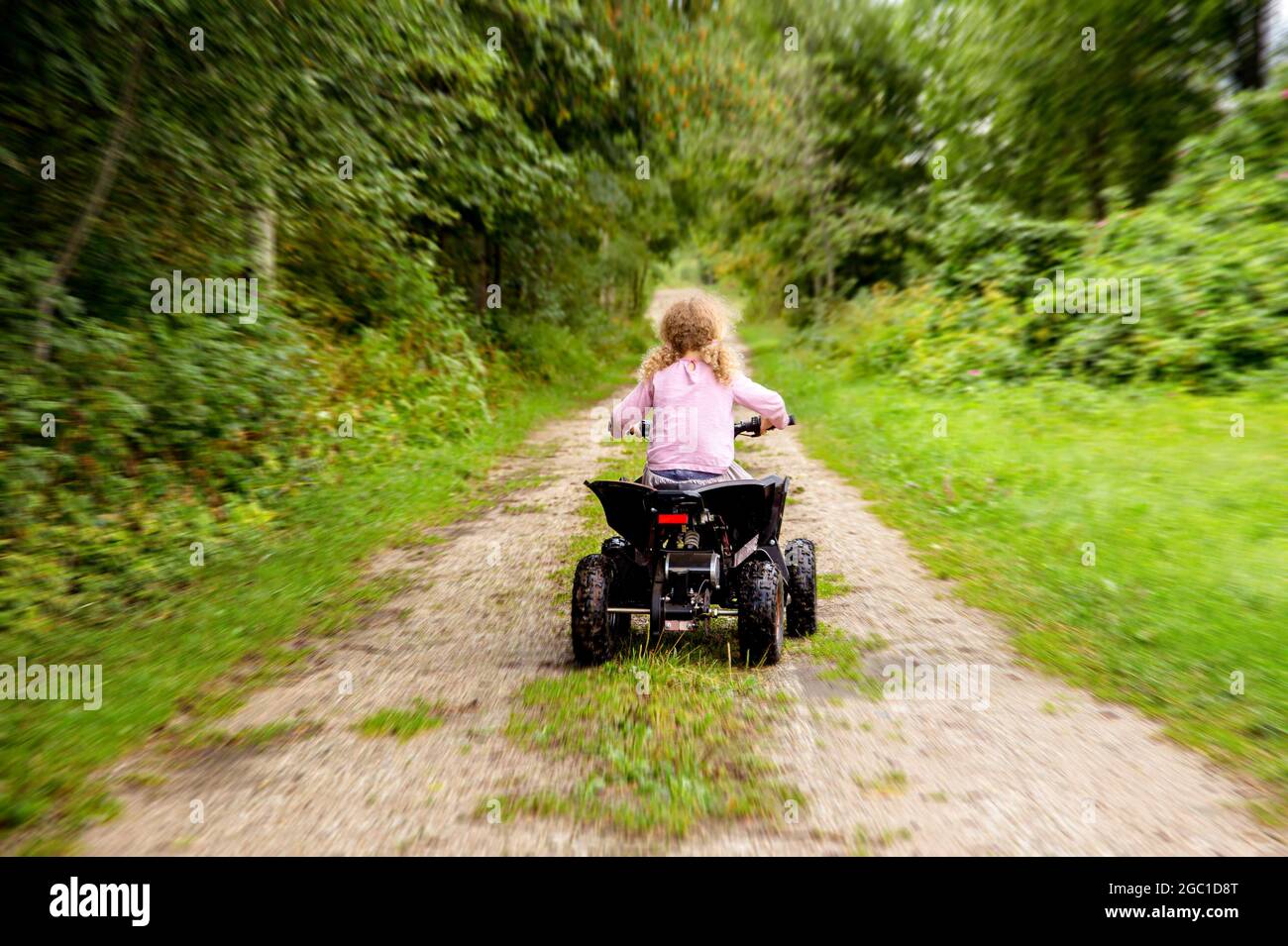 Bambina di 5 anni che cavalcano bambini taglia ATV veicolo senza casco, pericolo e concetto di incidente. Giorno estivo in foresta su piccola strada. Foto Stock