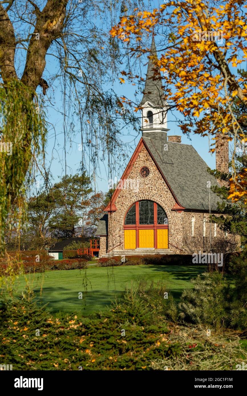 La chiesa commemorativa, Grand Pre, Annapolis Valley, Nova Scotia, Canada Foto Stock