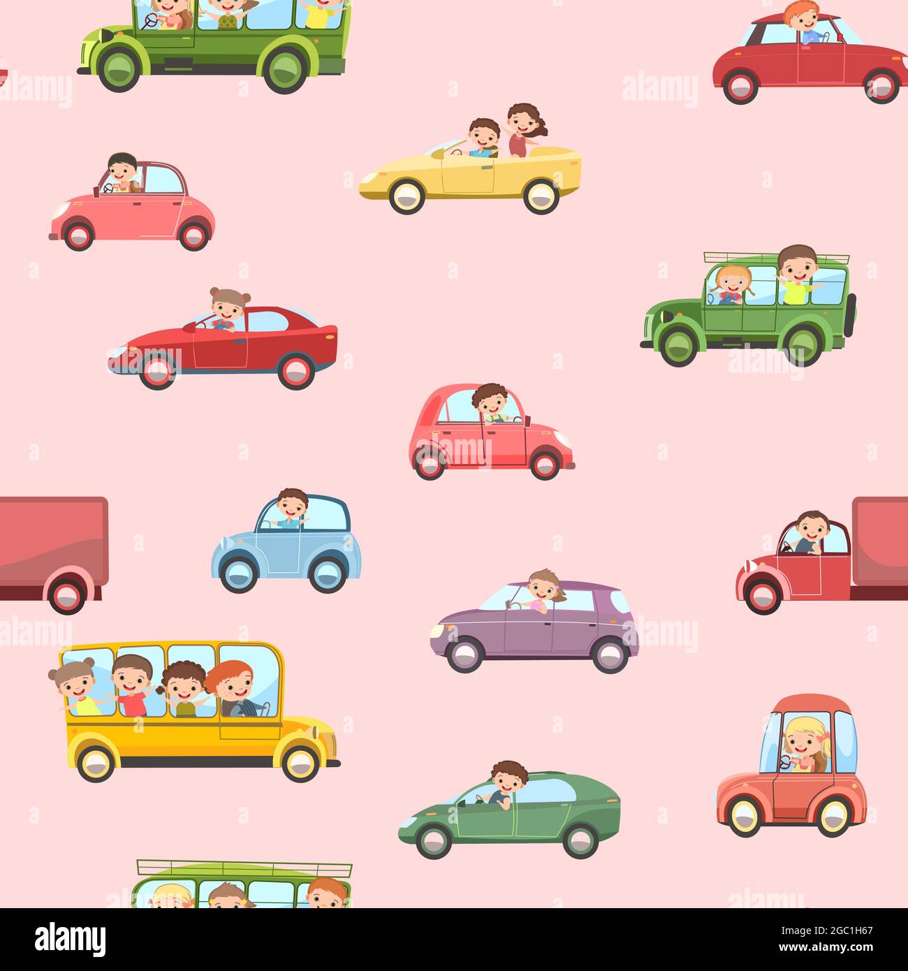 I bambini guidano le automobili. Motivo cartoon senza cuciture. Bambini  automobilisti. Illustrazione di sfondo per bambini. Automobili varie.  Veicolo giocattolo, motore. Auto e Immagine e Vettoriale - Alamy