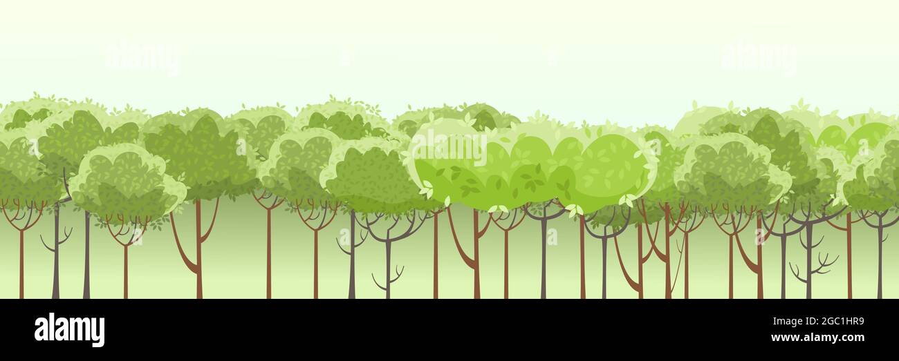 Foggy foresta o giardino. Sottili alberi giovani. Un bellissimo e grazioso paesaggio estivo. Stile piatto. Design semplice e a base di cartoni. Vettore Illustrazione Vettoriale