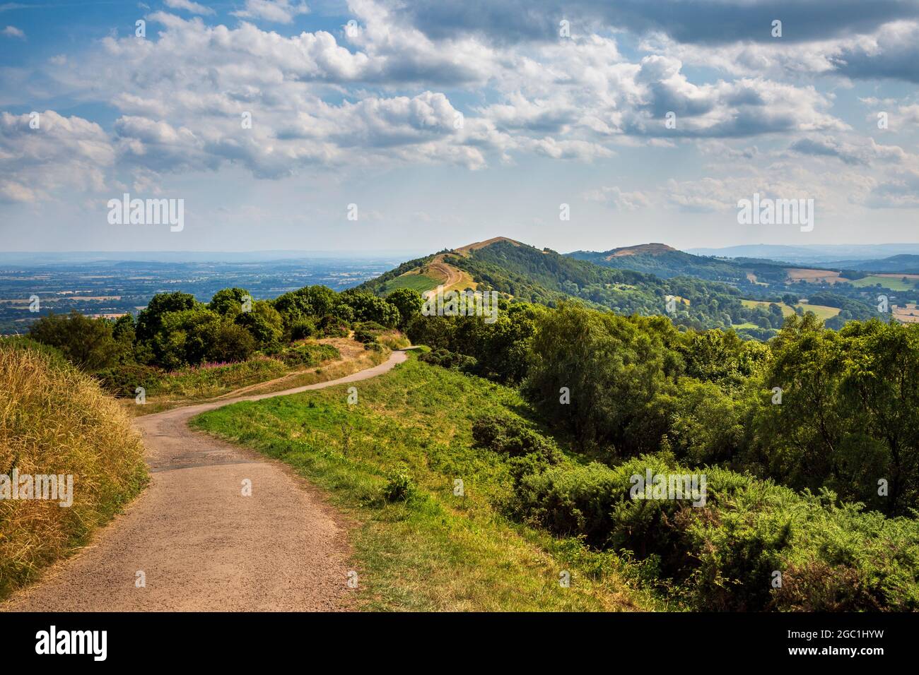 A sud lungo il percorso da Worcestershire Beacon attraverso le Malvern Hills, Worcestershire / Herefordshire, Inghilterra Foto Stock