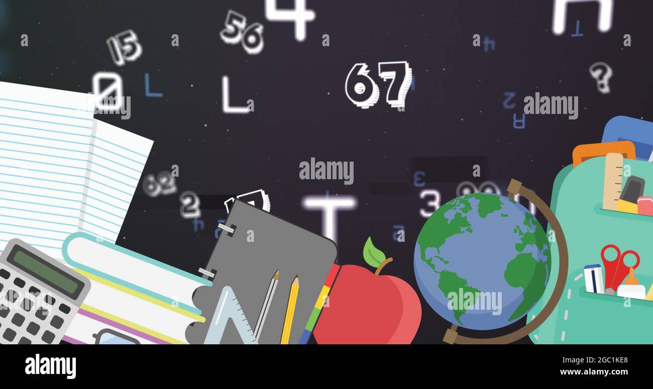 Immagine digitale delle icone di concetto della scuola che si muovono contro i numeri e gli alfabeti che cambiano multipli sopra Foto Stock