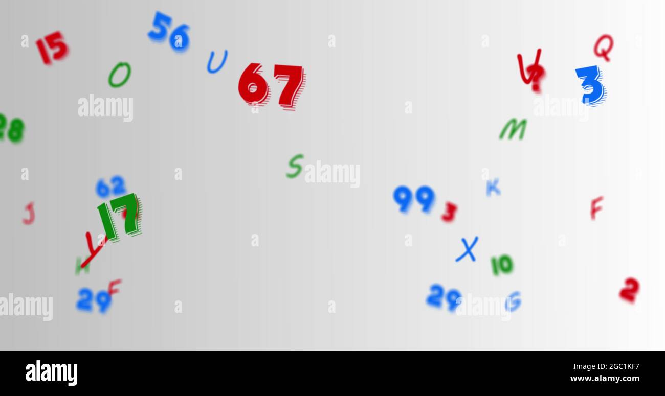 Immagine digitale di più numeri e alfabeti fluttuanti su sfondo grigio Foto Stock