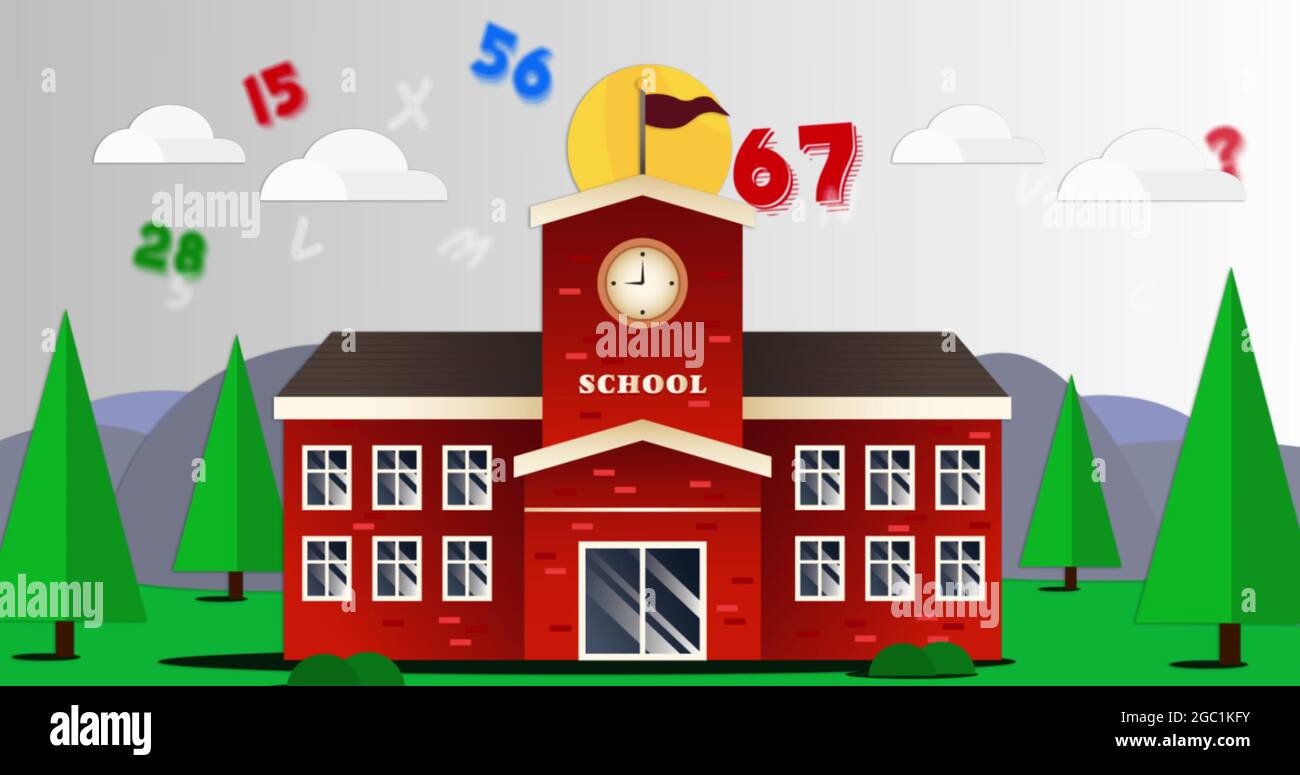 Immagine digitale di più numeri e alfabeti che cambiano rispetto all'icona del paesaggio scolastico Foto Stock