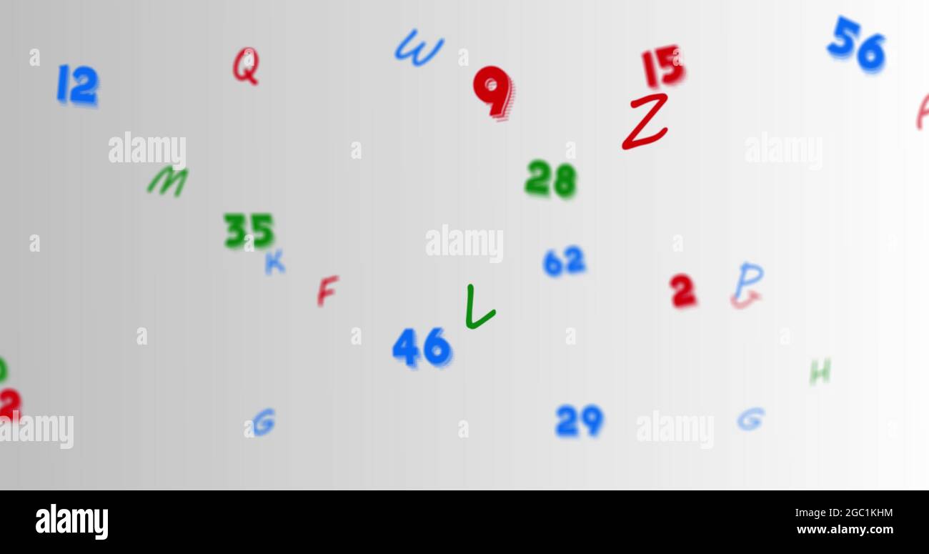 Immagine digitale di più numeri e alfabeti fluttuanti su sfondo grigio Foto Stock