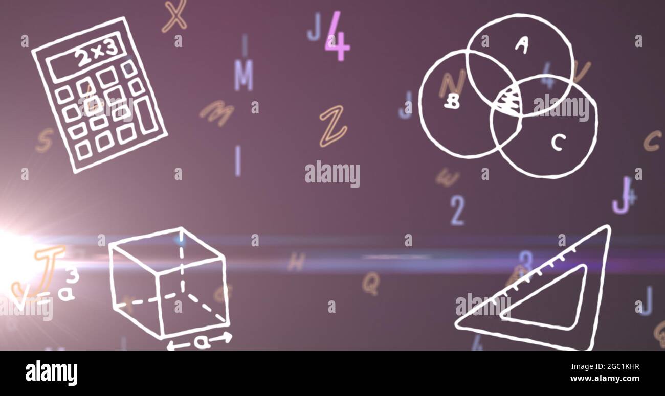 Immagine digitale di forme geometriche contro numeri e alfabeti che cambiano a fronte di una serie di purp Foto Stock