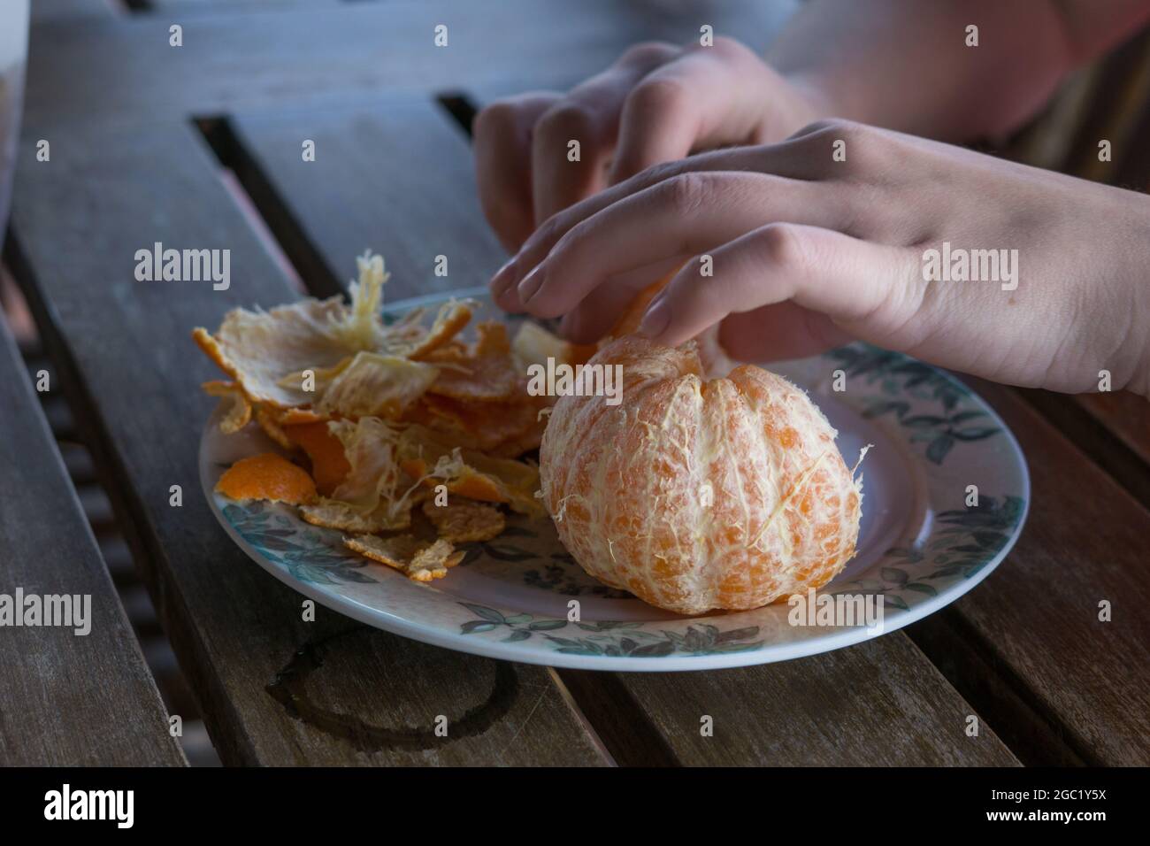 Colpo di closeup delle mani che spellano un mandarino. Foto Stock