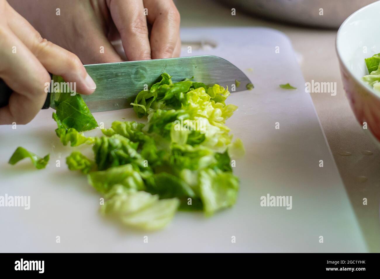 Stile di vita locale casalinga tagliare verdure preparandosi per cucinare Foto Stock