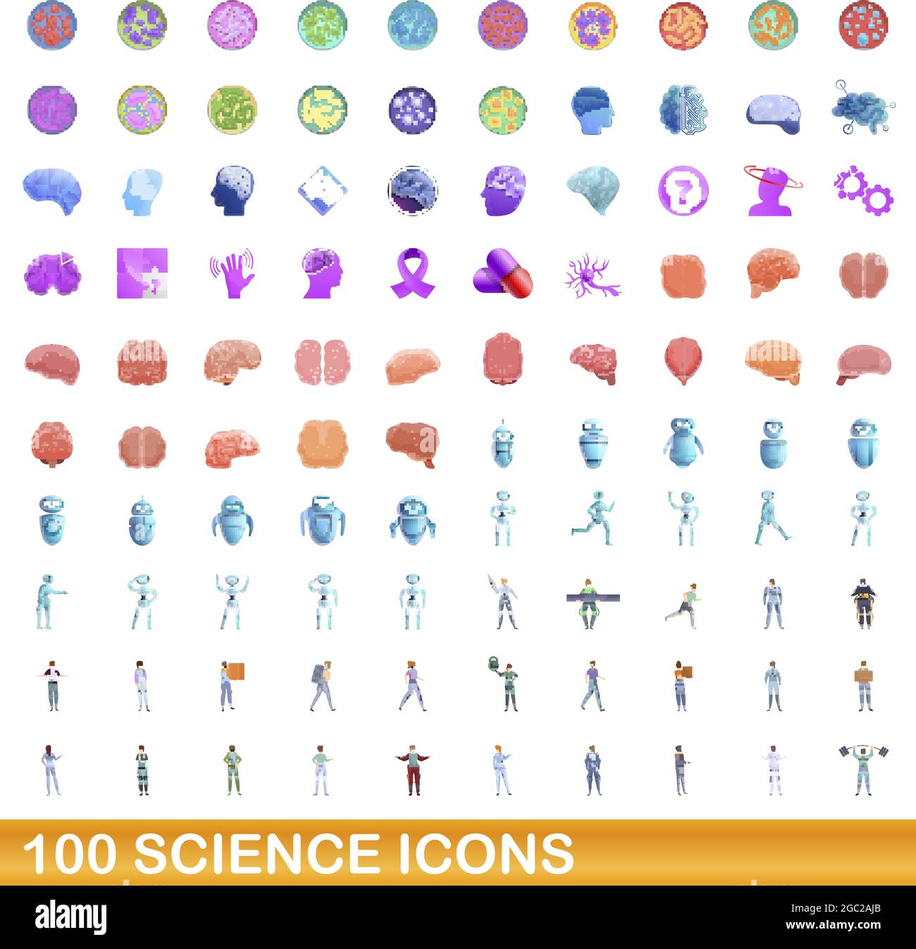 set di 100 icone scientifiche. Immagine cartoon di 100 icone scientifiche vettore set isolato su sfondo bianco Illustrazione Vettoriale