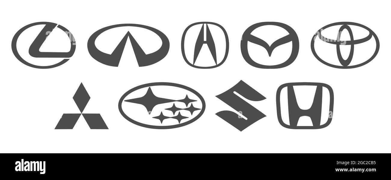 Germania, Berlino-08/04/2021: Un set di loghi giapponesi per auto. Logo nero su sfondo bianco, Mitsubishi, Subaru, Lexus, Akura, Toyota, Suzuki, Honda, in Illustrazione Vettoriale