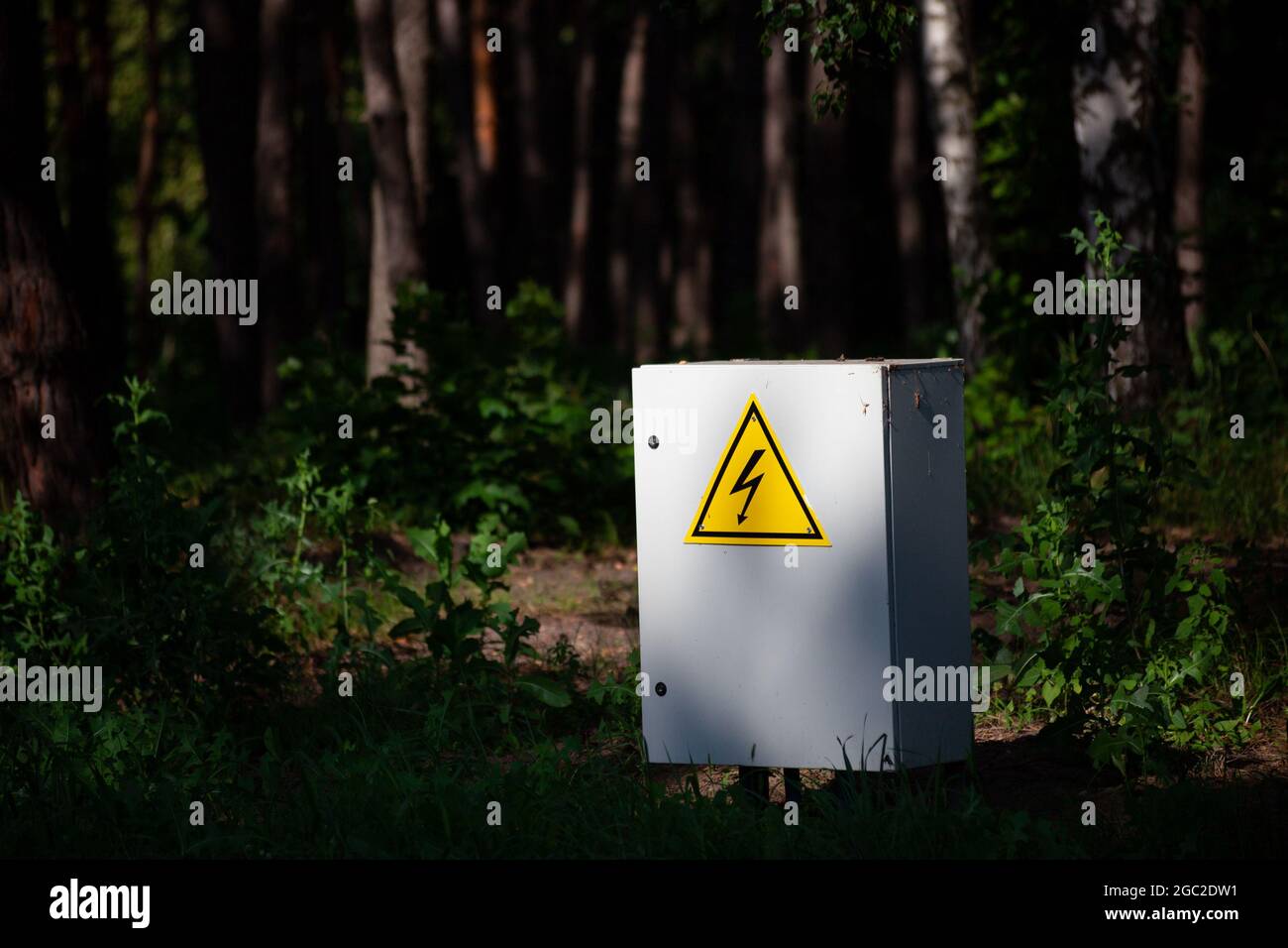 Primo piano scatola di alimentazione con cerniera grigia nella foresta. Scatola elettrica esterna con segnale di pericolo giallo. Elettricità in luoghi remoti. Foto Stock