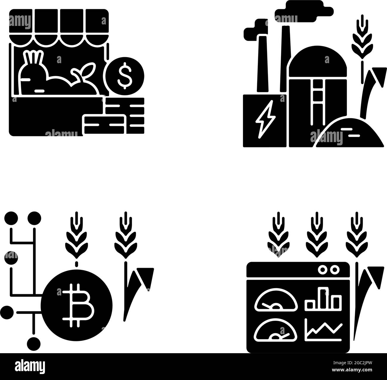Innovazioni agricole glifo nero icone impostato su spazio bianco Illustrazione Vettoriale