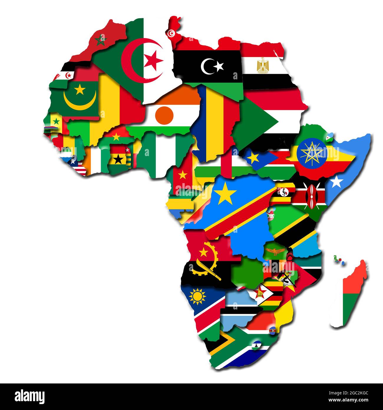 Mappa 3D dell'Africa fatta dalle bandiere della nazione Foto Stock