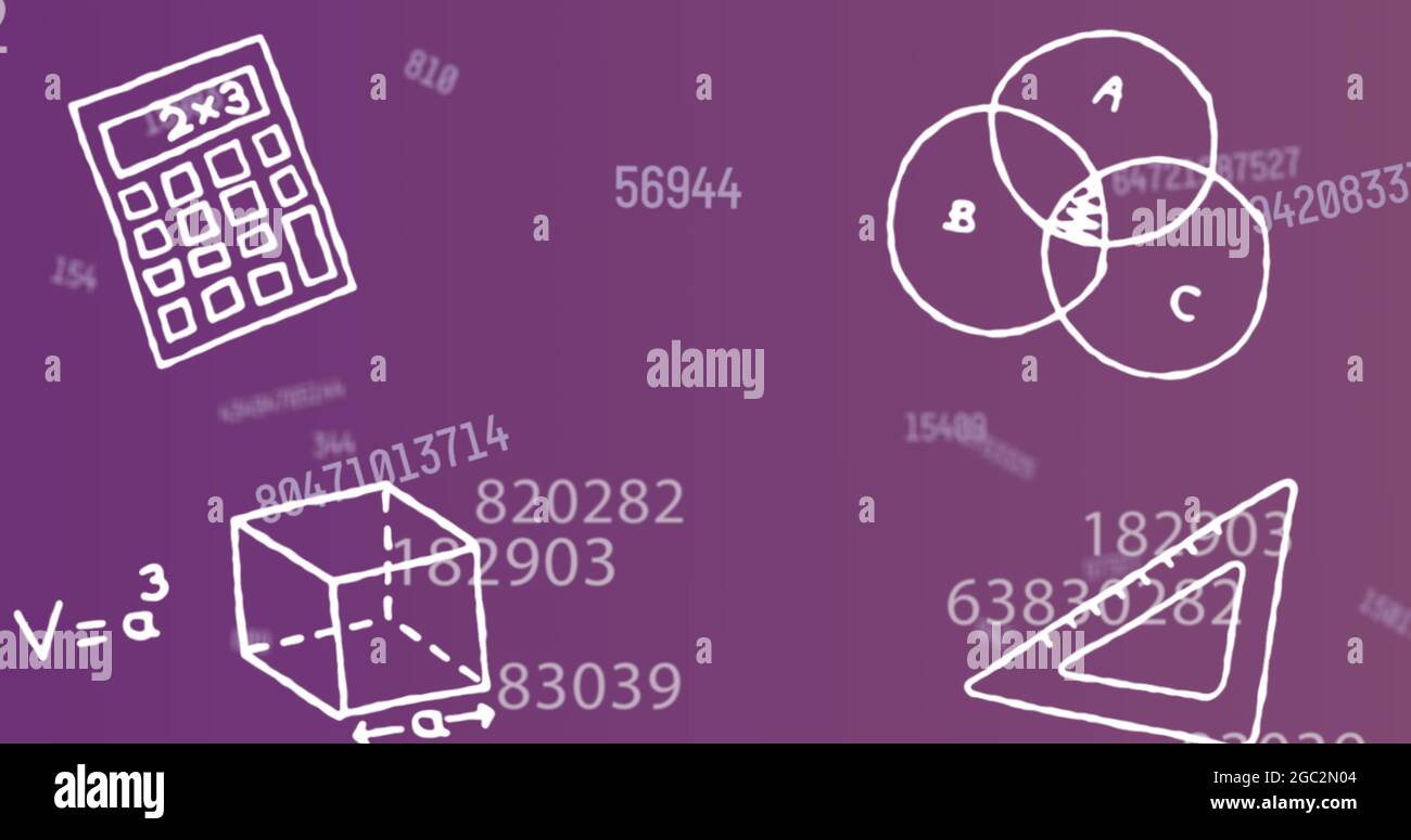 Immagine digitale dell'icona del concetto geometrico su più numeri variabili su sfondo viola Foto Stock