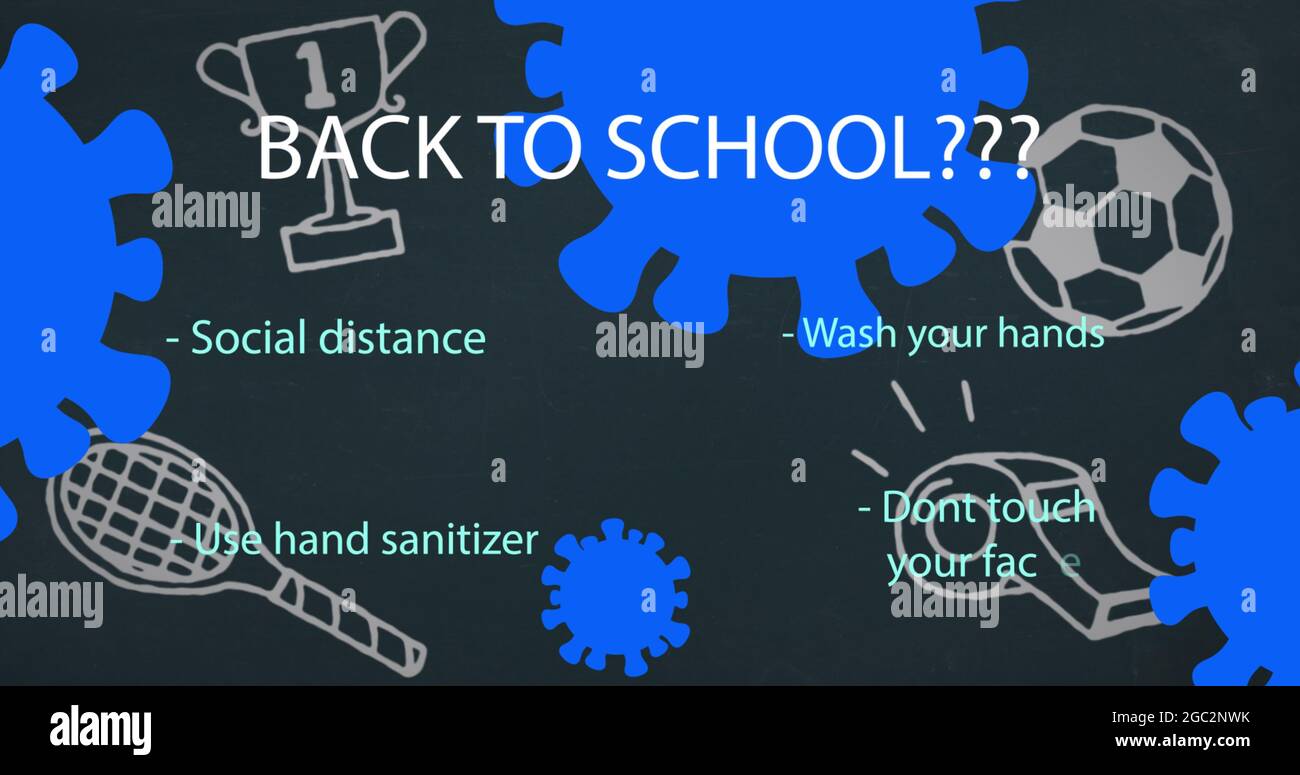 Testo di ritorno a scuola con icone di concetto sportivo su sfondo blu Foto Stock