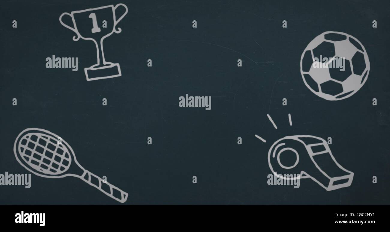 Testo di ritorno a scuola con icone di concetto sportivo su sfondo blu Foto Stock