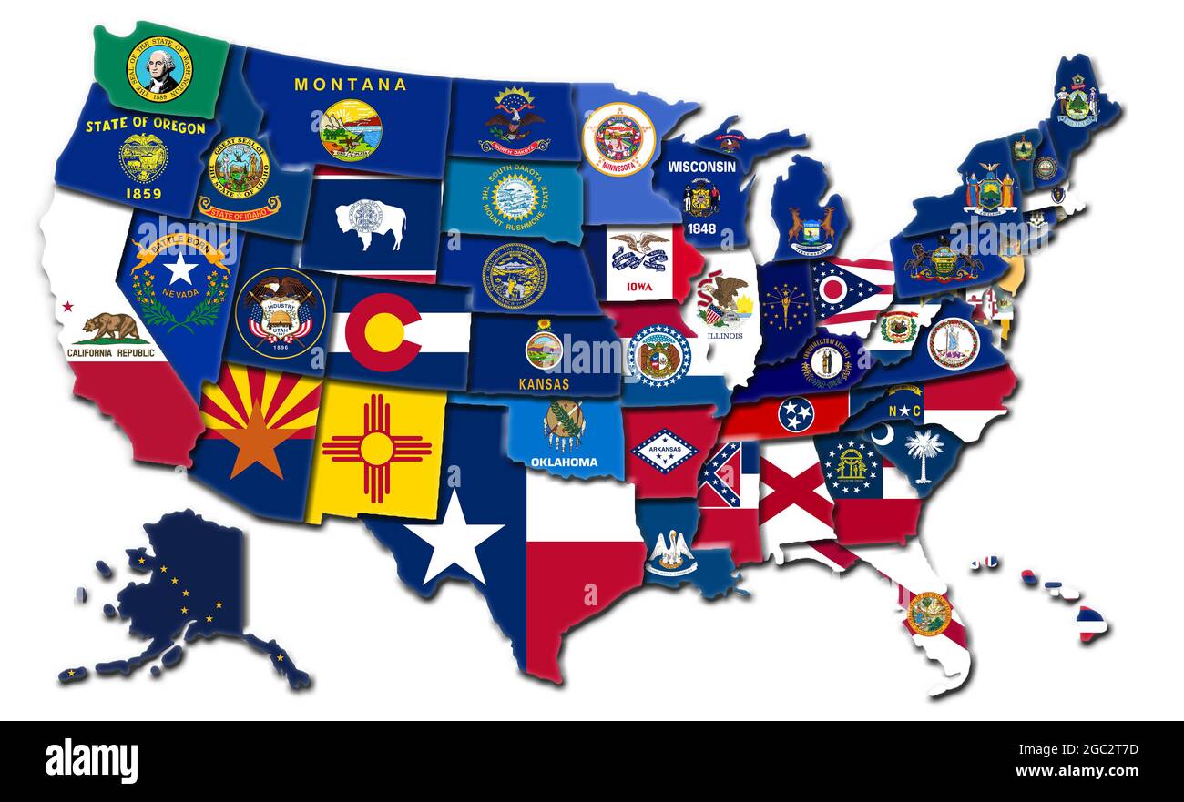 Mappa 3D degli Stati Uniti che mostra le bandiere di stato Foto Stock