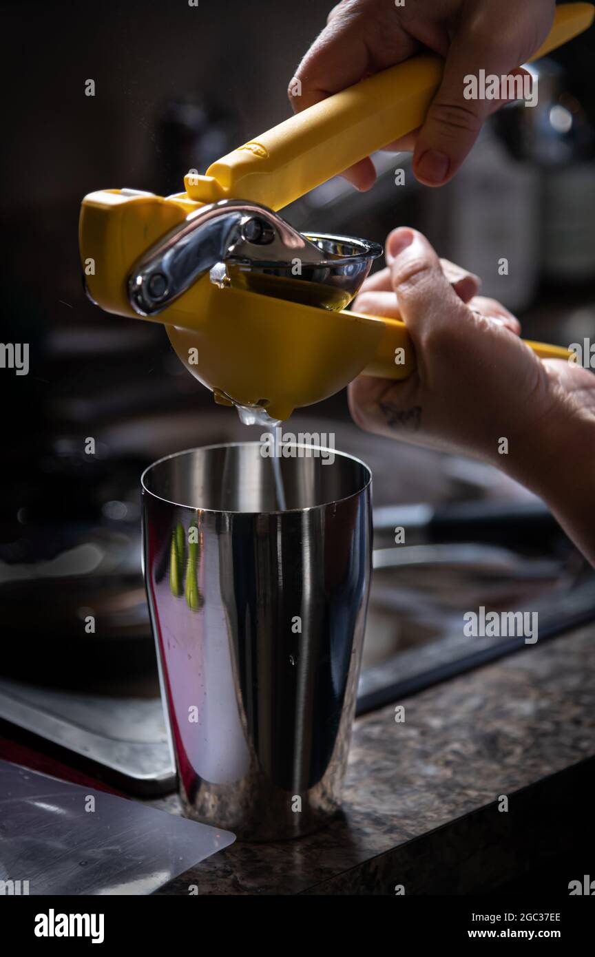 Spremiando il succo nello shaker cocktail Foto Stock