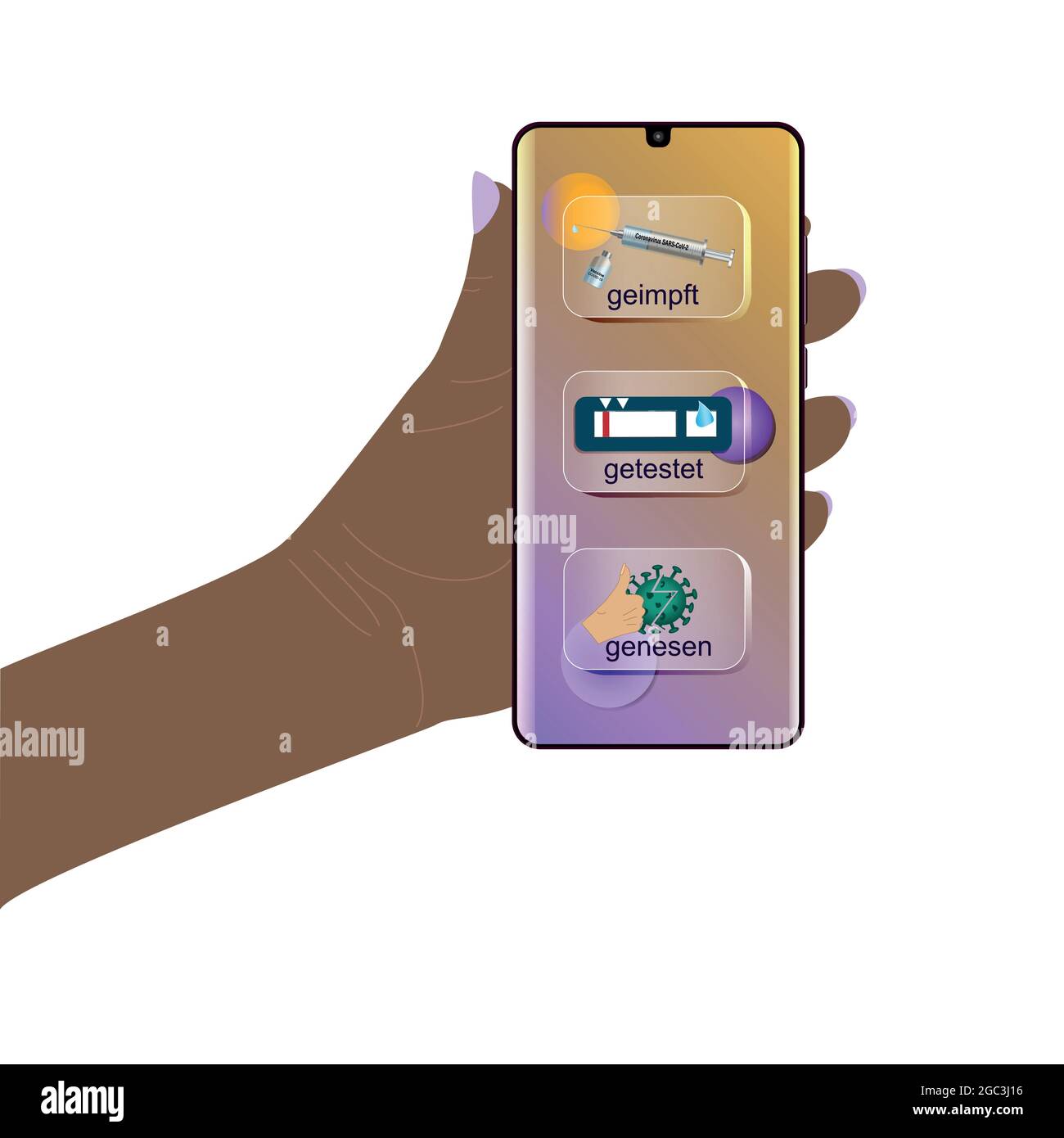 La mano tiene il telefono cellulare con i 3 G del Corona Protection Ordinance. Con testo tedesco: Vaccinato, testato, recuperato. Vettore Illustrazione Vettoriale