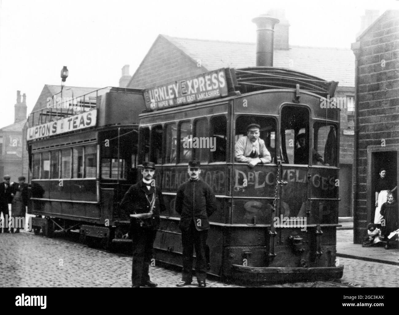 Tram a vapore di Burnley, periodo vittoriano Foto Stock