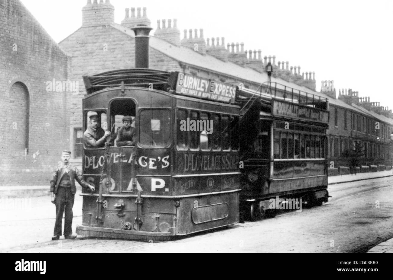 Tram a vapore di Burnley, periodo vittoriano Foto Stock