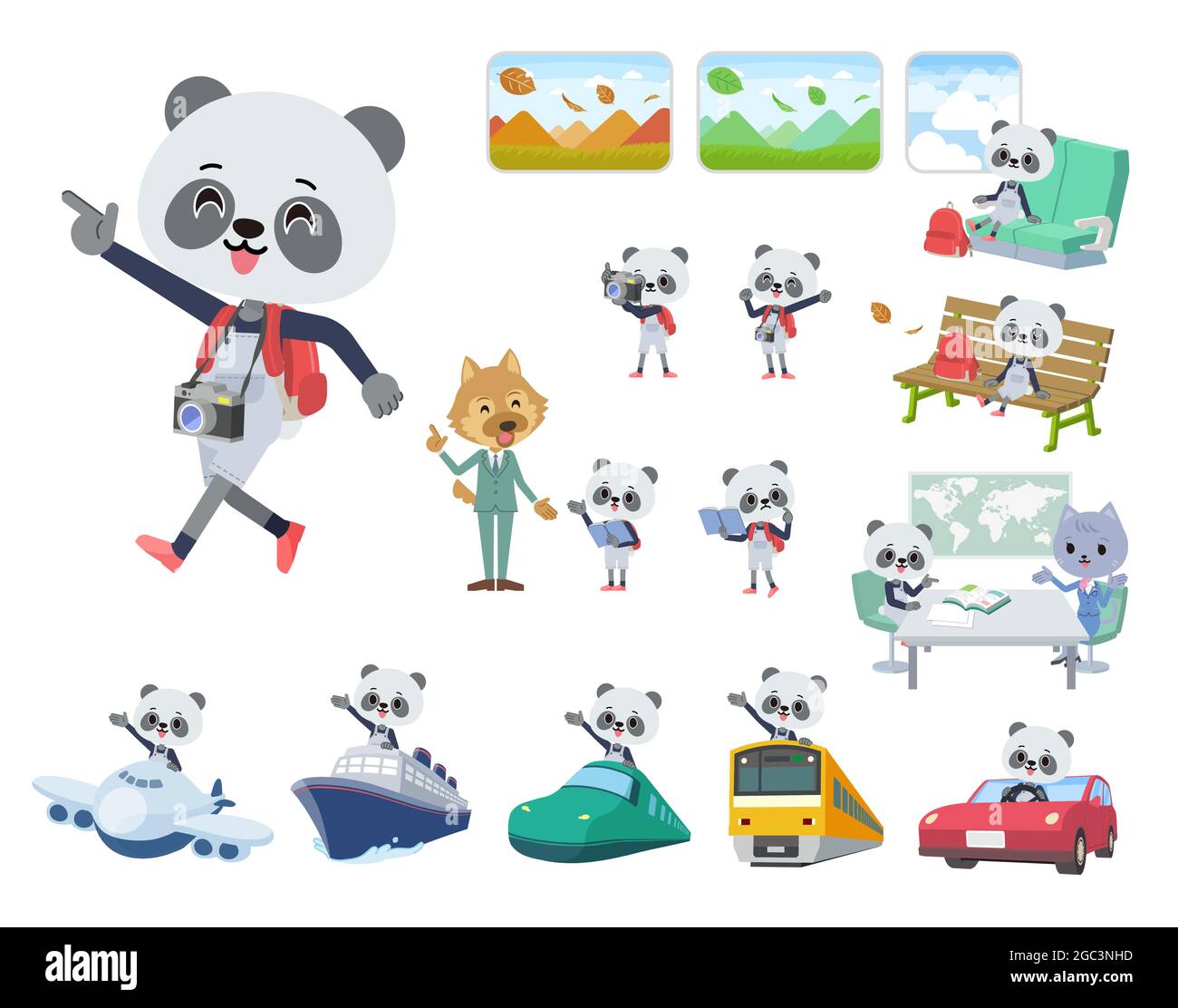 Un set di Panda boy in viaggio.è arte vettoriale, quindi è facile da modificare. Illustrazione Vettoriale