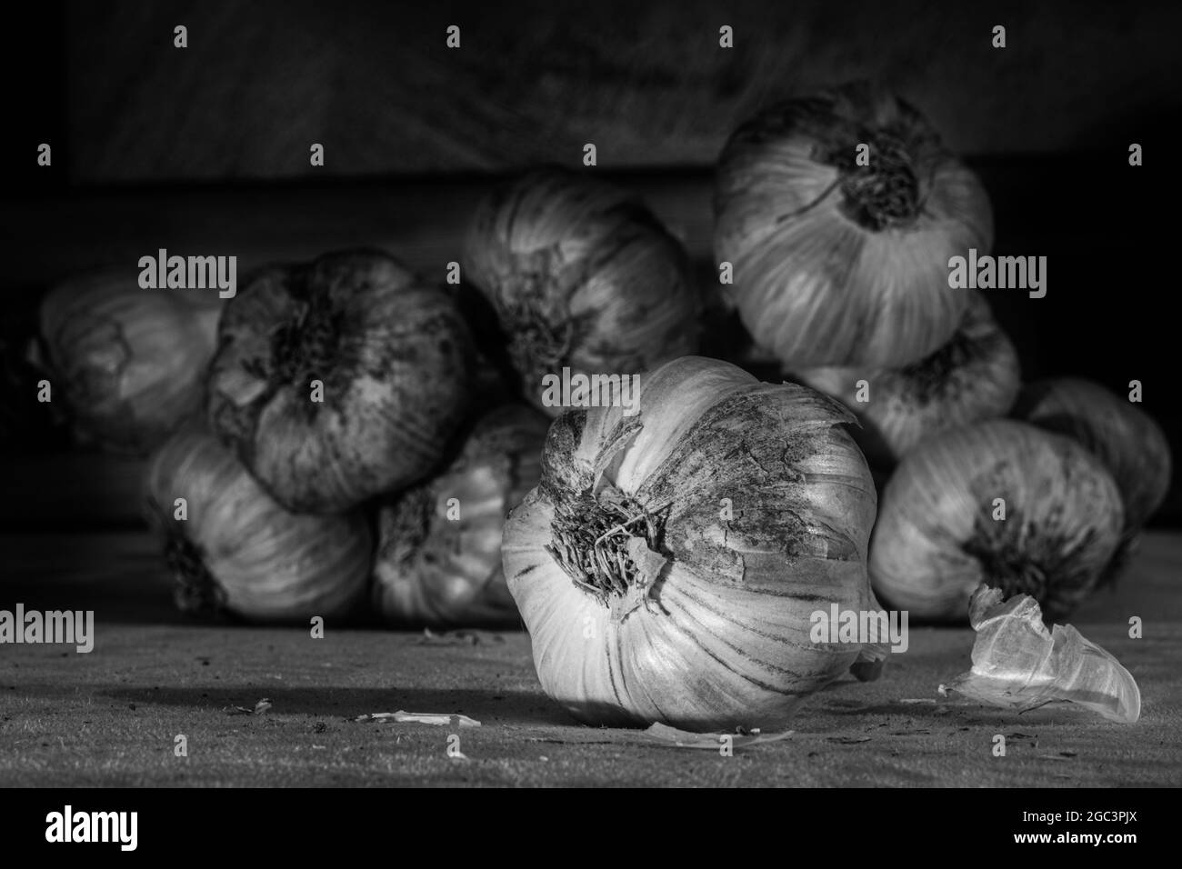 Diversi pezzi di aglio fresco, primo piano, bianco e nero. Può essere usato per illustrare le proprietà benefiche dell'aglio, sfondo naturale Foto Stock