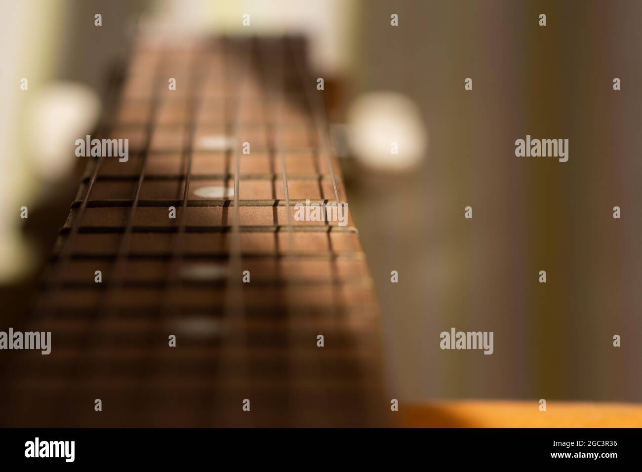 Dettaglio closeup di corde di chitarra in acciaio e tasti per fare musica. Collo di chitarra a fuoco selettivo. Foto Stock