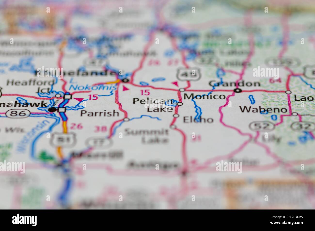 Pelican Lake Wisconsin USA mostrato su una mappa stradale o su una mappa geografica Foto Stock
