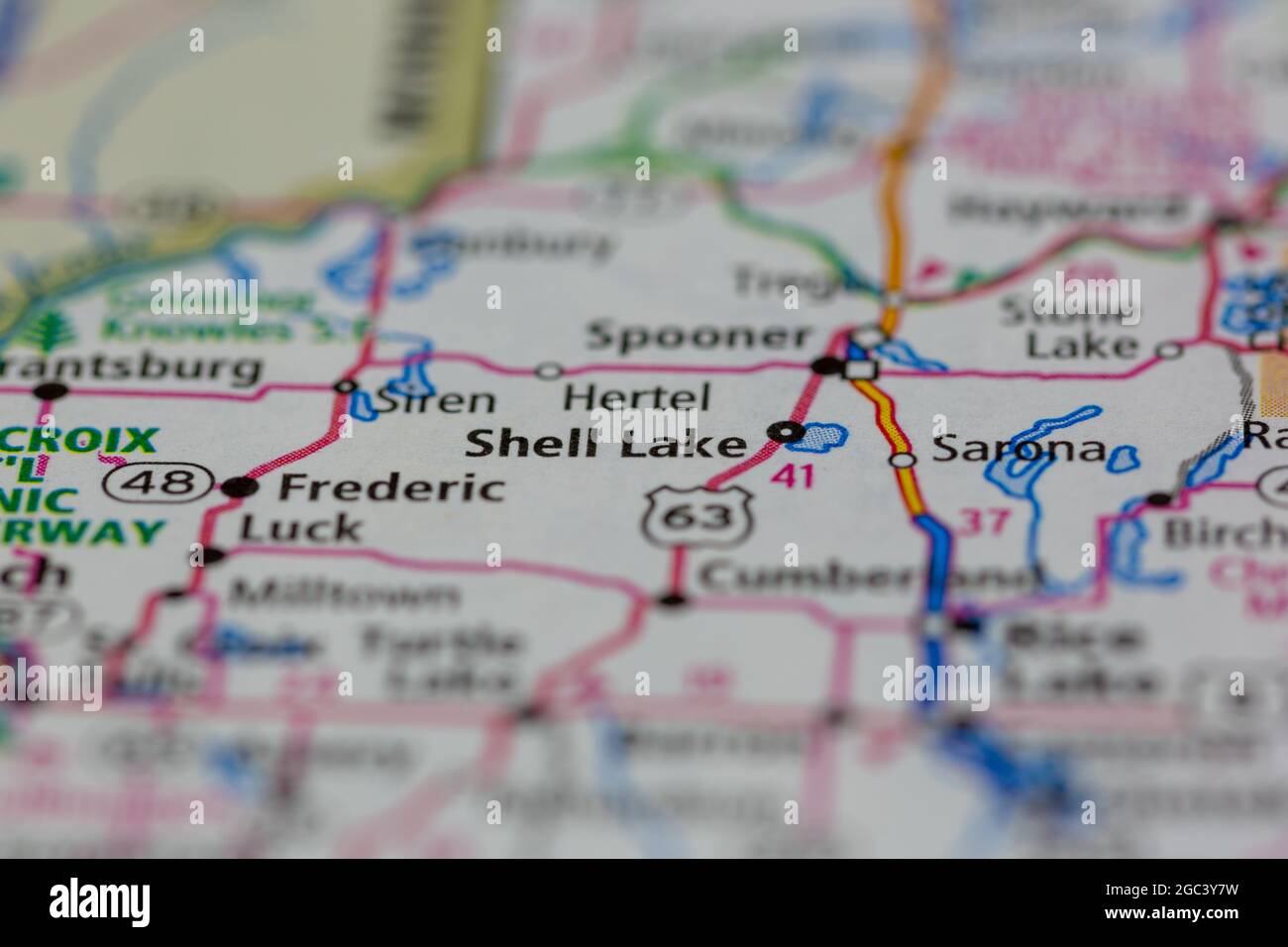 Shell Lake Wisconsin USA mostrato su una mappa stradale o su una mappa geografica Foto Stock