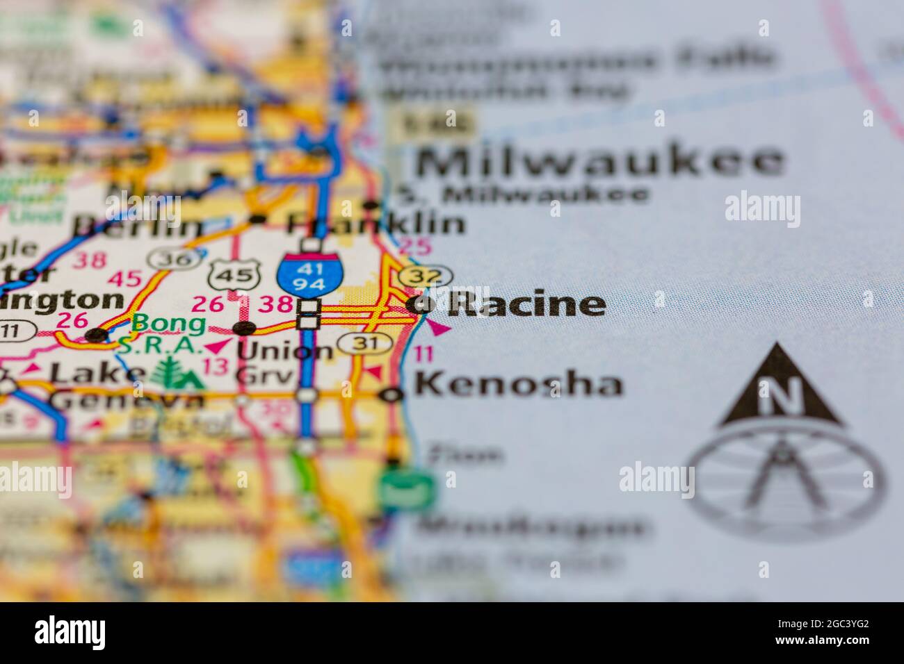 Racine Wisconsin USA visualizzata su una mappa stradale o su una mappa geografica Foto Stock