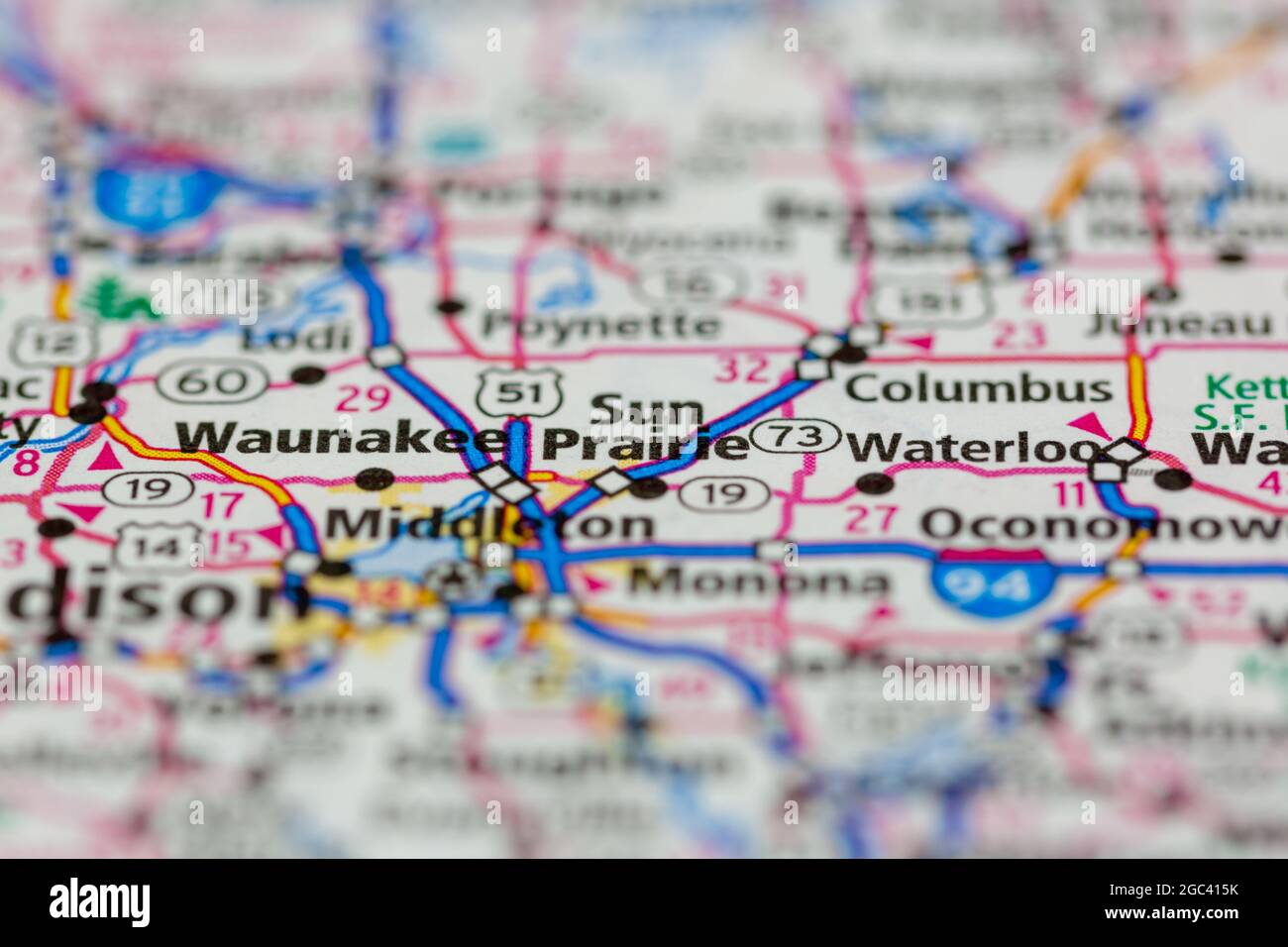 Sun Prairie Wisconsin USA viene visualizzato su una mappa stradale o su una mappa geografica Foto Stock