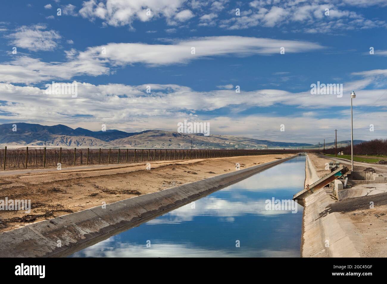 Canale di irrigazione con campo di vitigni e frutteti Foto Stock