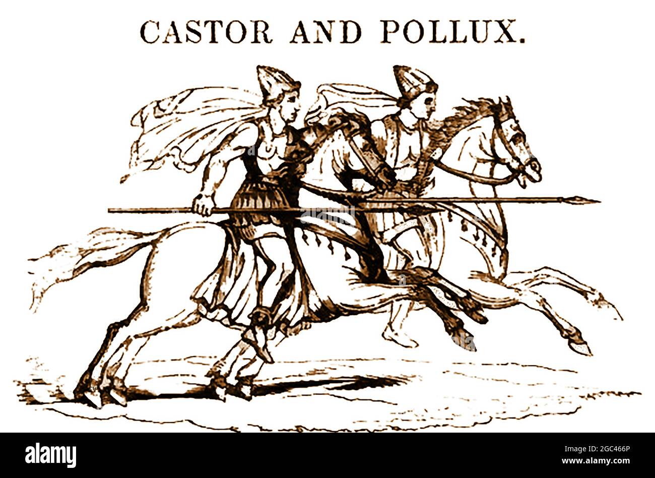 Una rappresentazione del 1839 delle figure mitologiche Castor e Pollux (Polideuchi) a cavallo; conosciuta come coppia come semifrati gemelli nella mitologia greca e romana dove sono conosciuti insieme come i Dioscuri e talvolta come i due dei, Gemini, Castores , Tyndarids / Tyndaridae o i Cavallini. I marinai di vecchio stile consideravano la coppia come santi patroni sotto forma di fuoco di Sant'Elmo e hanno associazioni di equitazione come i gemelli di cavallo Indoeuropei divini / gemelli di cavallo Divini Foto Stock