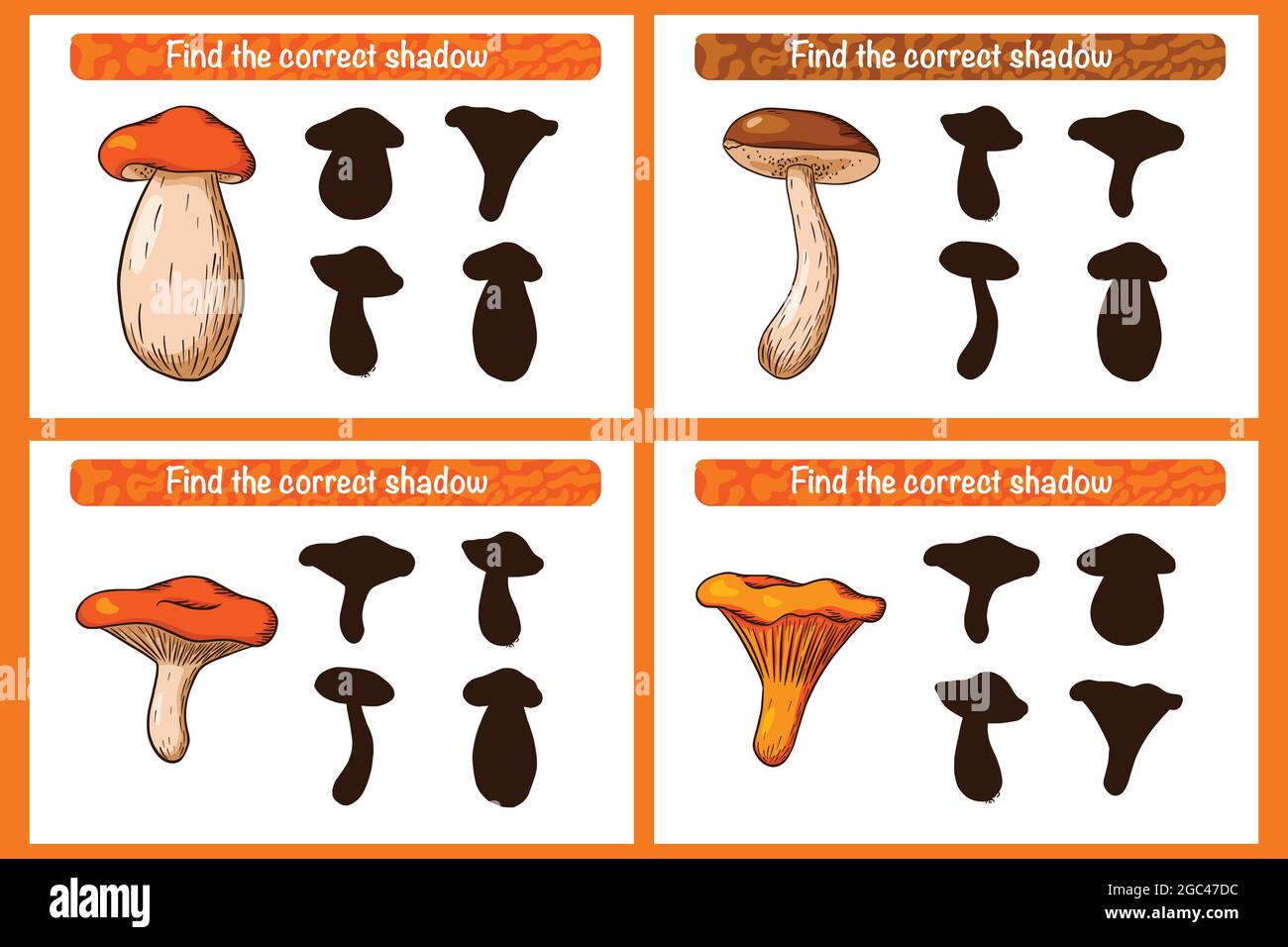 Trova il gioco educativo corretto di Mushroom Shadow per i bambini. Attività di abbinamento ombra per bambini con funghi. Puzzle prescolare. Foglio di lavoro didattico. Trova il gioco di silhouette corretto con funghi commestibili. Vettore Premium Illustrazione Vettoriale