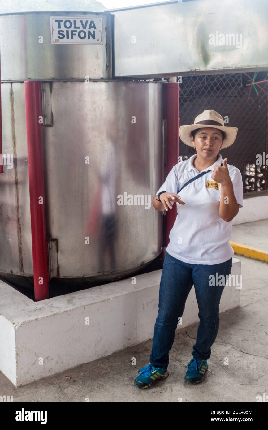 MANIZALES, COLOMBIA - 6 SETTEMBRE 2105: La guida spiega la produzione di caffè presso l'hotel della fattoria Hacienda Venecia. Foto Stock