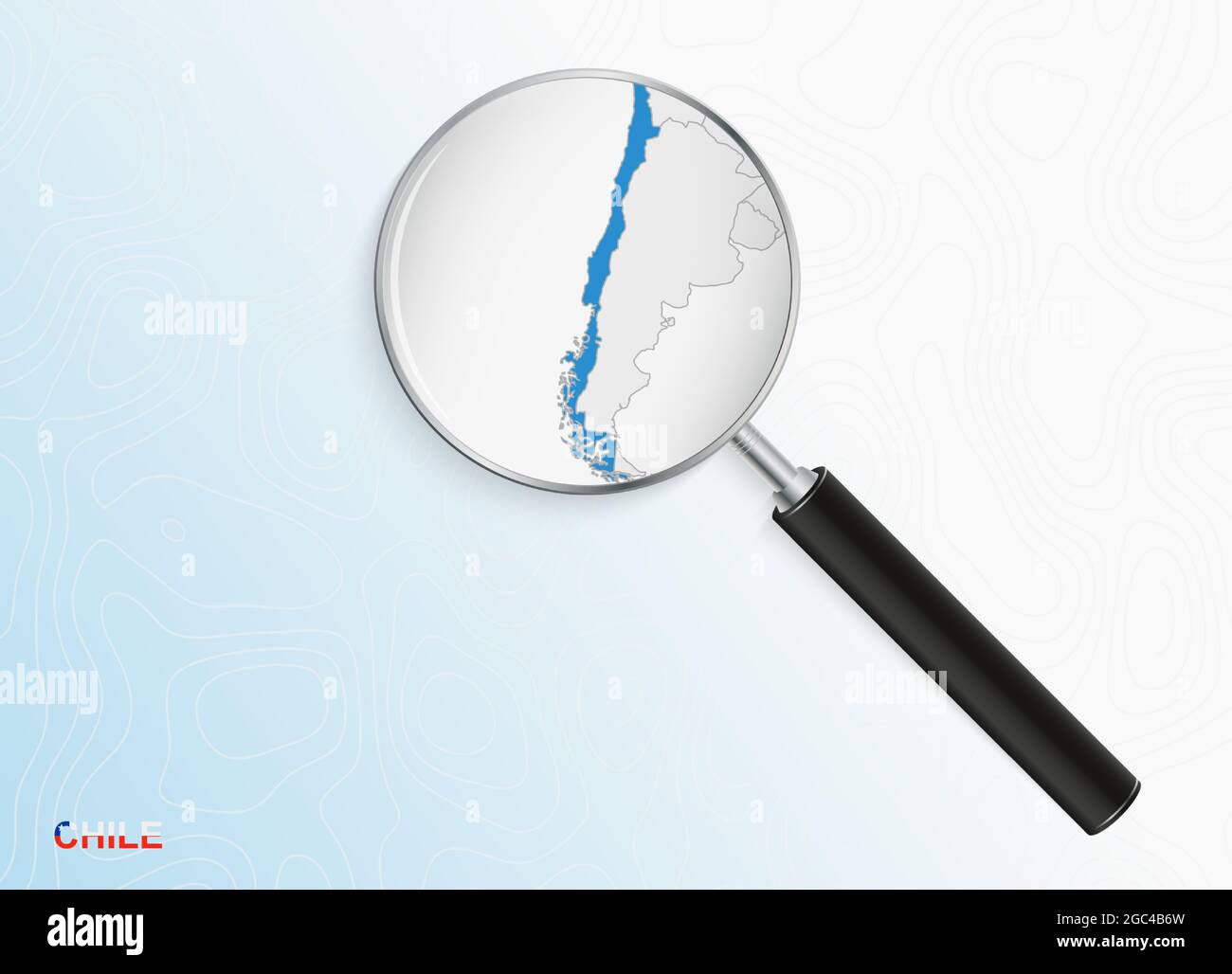 Lente di ingrandimento con mappa del Cile su sfondo topografico astratto. Mappa vettoriale. Illustrazione Vettoriale