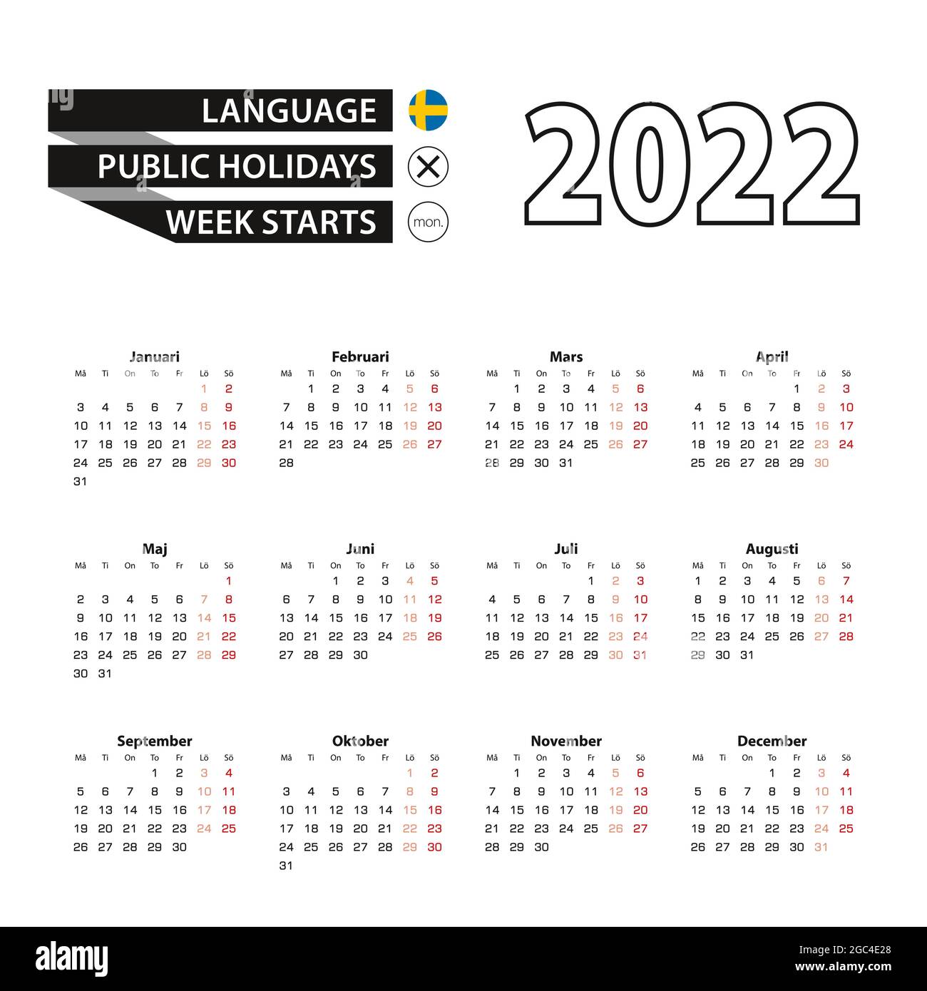 Calendario 2022 in lingua svedese, la settimana inizia il lunedì. Calendario vettoriale 2022 anni. Illustrazione Vettoriale