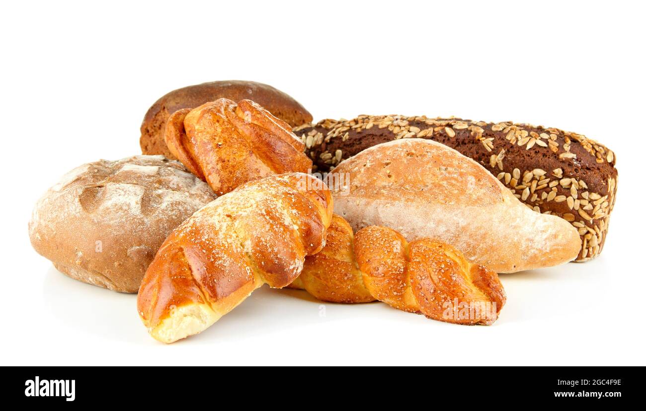 Composizione con il pane e i panini in cesto in vimini isolato su bianco  Foto stock - Alamy