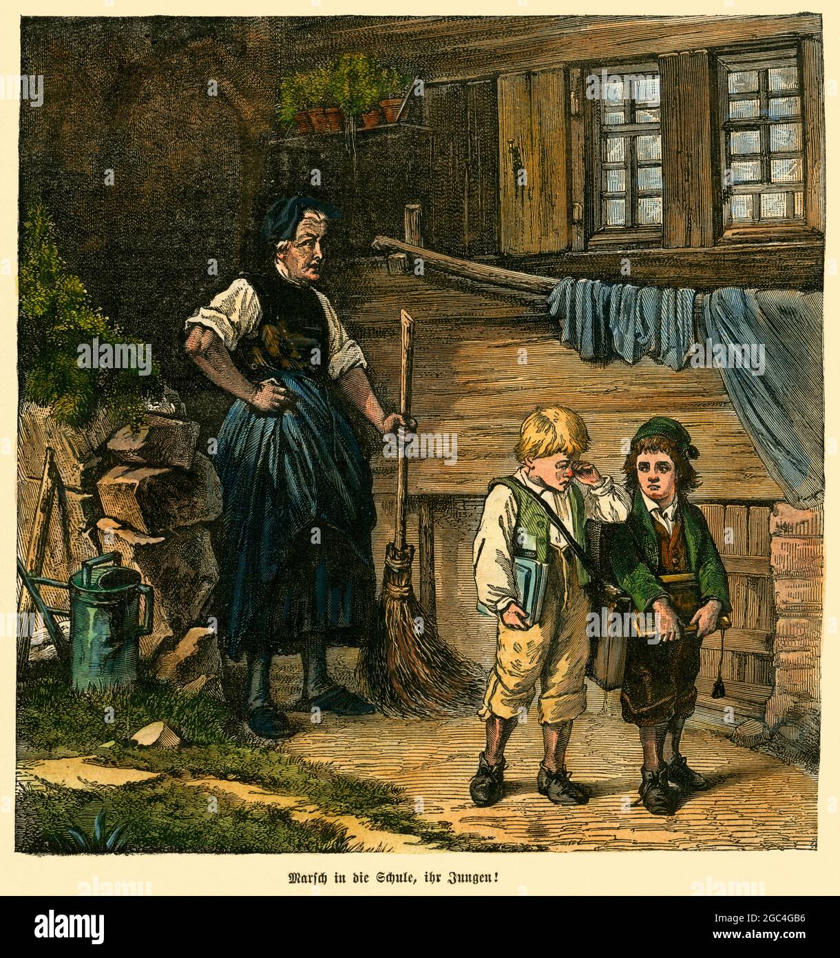 Europa, Genrebild mit dem Titel : 'Marsch in die Schule, ihr Jungen ! ', die Großmutter schickt zwei Jungen in die Schule, die eigentlich nicht möchten, kolorierter Holzstich, um 1890, Künstler mir nicht bekannt, Rechte werden nicht vertreten. / Europe, pittura di genere con il titolo : ' Marsch in die Schule , ihr Jungen ! ' (marzo a scuola, voi ragazzi ) , nonna invia due ragazzi a scuola , incisione colorata in legno , intorno al 1890 , artista sconosciuto , non ci sono diritti . Foto Stock