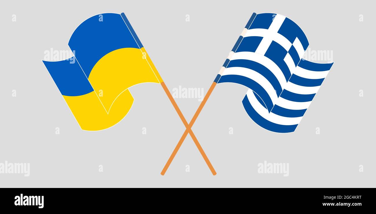 Bandiere incrociate e sventolanti dell’Ucraina e della Grecia Illustrazione Vettoriale