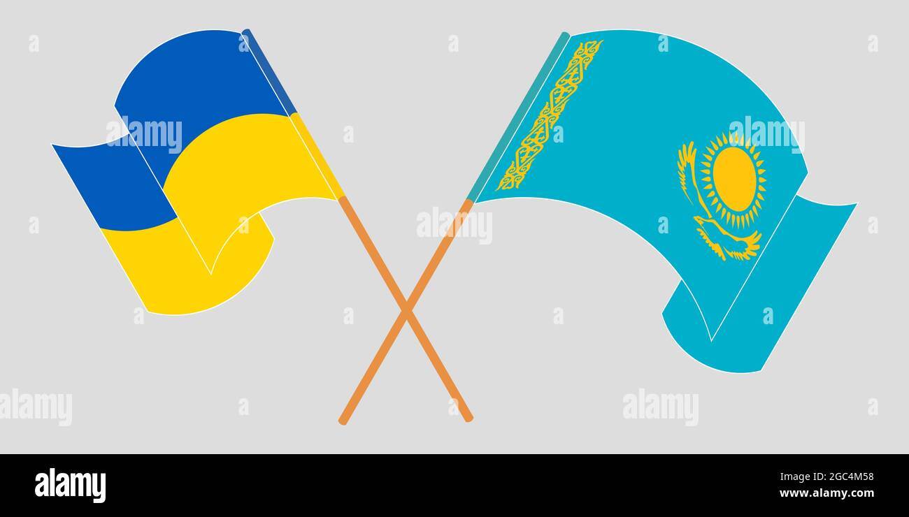 Bandiere incrociate e sventolanti dell'Ucraina e del Kazakistan Illustrazione Vettoriale