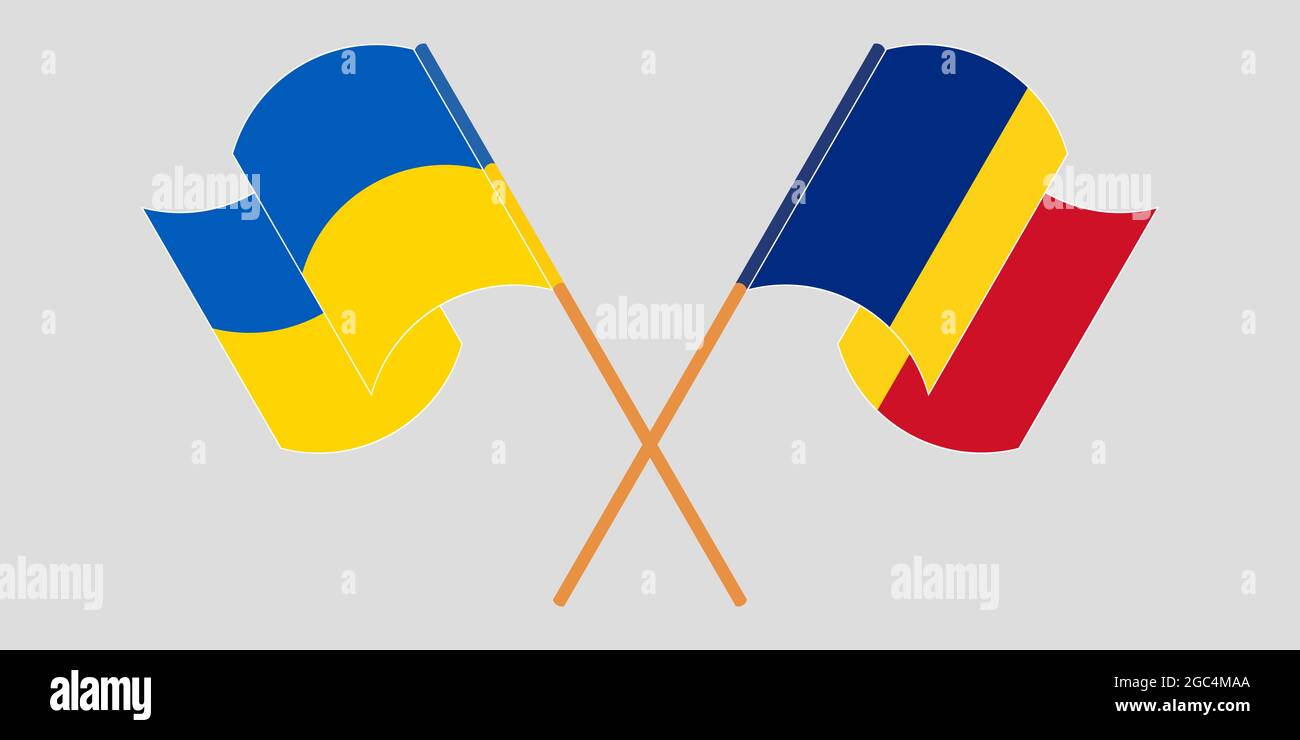 Bandiere incrociate e sventolanti di Ucraina e Romania. Illustrazione vettoriale Illustrazione Vettoriale