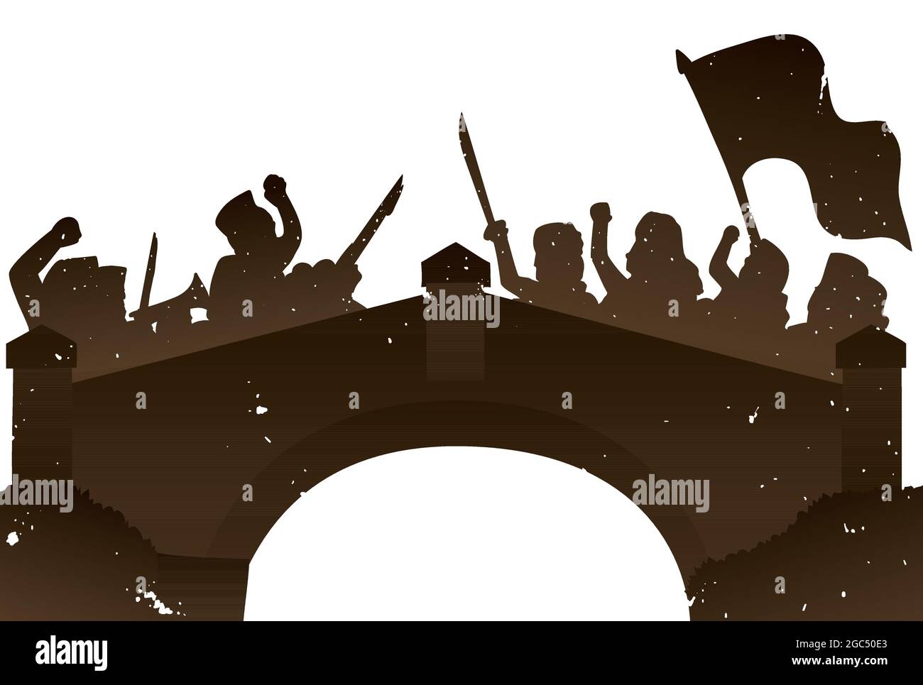 Silhouette erose che rappresentano la storica battaglia del 7 agosto sul ponte colombiano di Boyaca. Illustrazione Vettoriale