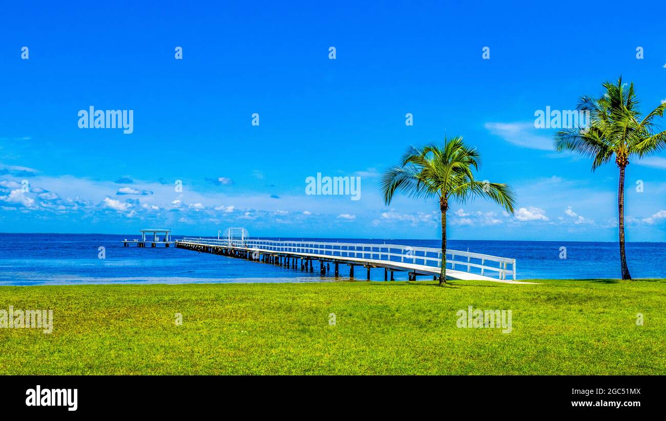 Pier sul Golfo del Messico a Bokeelia su Pine Island Florida USA in una giornata estiva con acqua liscia flot Foto Stock