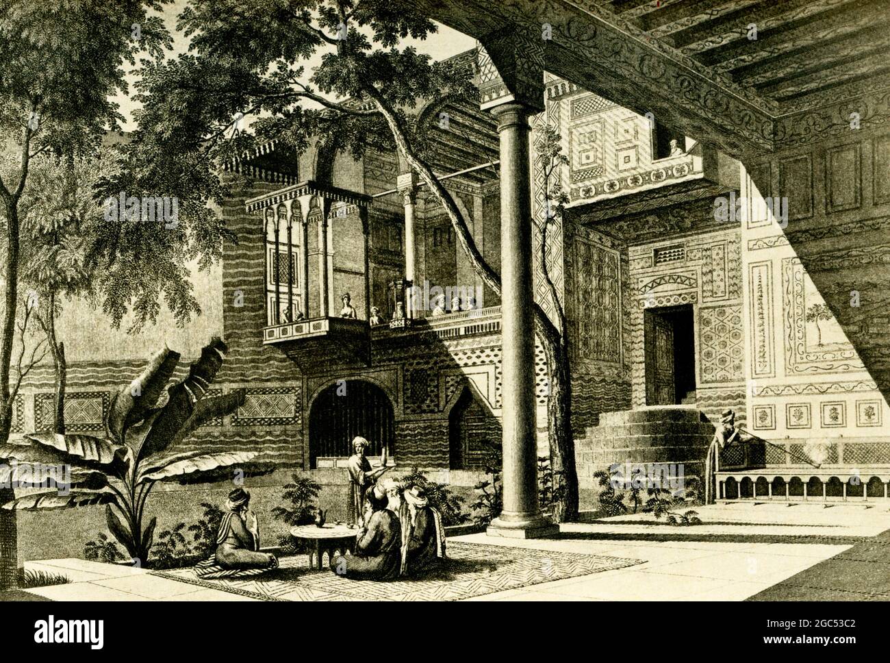 La didascalia che accompagna questa illustrazione del 1903 nel libro di Gaston Maspero sulla storia dell'Egitto recita: "Cortile della casa di Quasim Bey". Il termine "bey" si riferisce al governatore di un distretto o provincia dell'Impero Ottomano. Foto Stock