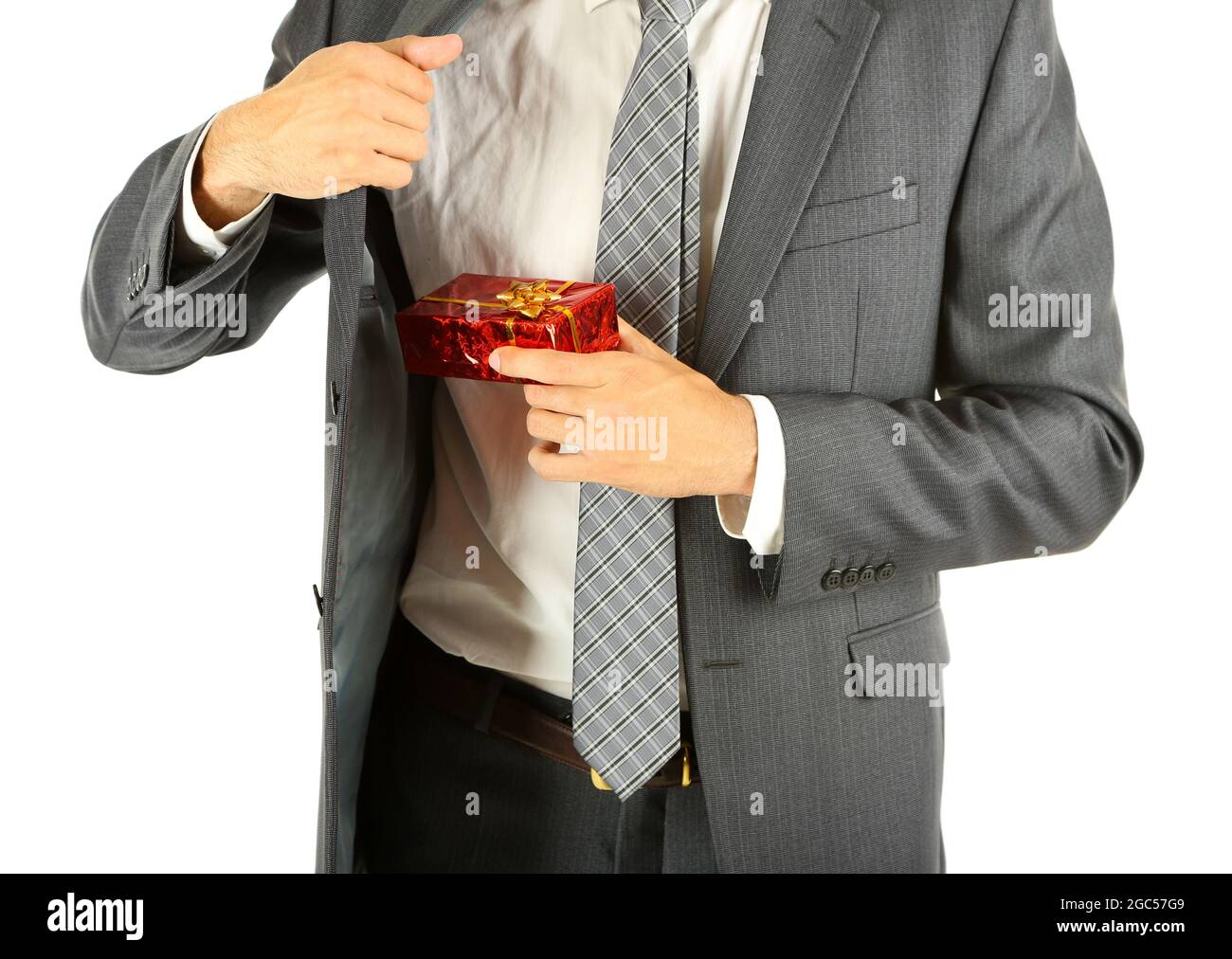 Giovane uomo d'affari presente confezione regalo, isolato su bianco Foto  stock - Alamy