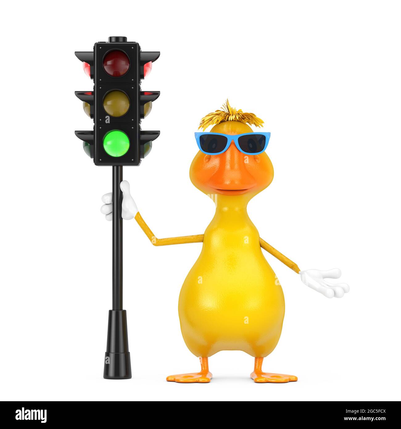 Carino giallo Cartoon Duck persona personaggio Mascot con Traffic Green Light su sfondo bianco. Rendering 3d Foto Stock