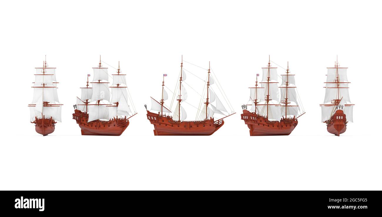 Set di nave a vela, caravello, nave pirata o nave da guerra in legno rosso con viste diverse su sfondo bianco. Rendering 3d Foto Stock