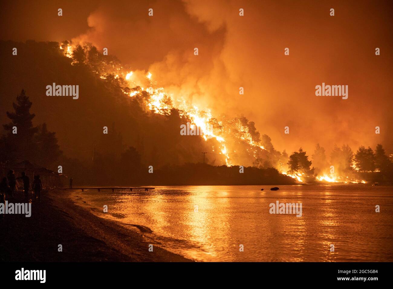 Le fiamme si innalzano come un fuoco selvatico brucia nel villaggio di Limni, sull'isola di Evia, Grecia, 6 agosto 2021. Foto scattata il 6 agosto 2021. REUTERS/Nicolas Economou Foto Stock